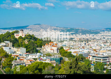 Osservatorio nazionale di Grecia e la chiesa di Agia Marina e vedute di Thissio, Atene, Grecia Foto Stock