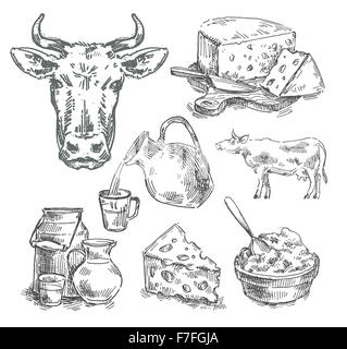 Disegnata a mano di vacca, latte, formaggio. schizzo Foto Stock