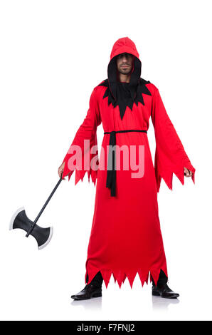 Carnefice in costume rosso con ax su bianco Foto Stock