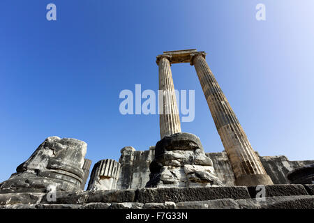 Ionio le colonne di pietra tra le rovine del Tempio di Apollo a Didyma, un antico santuario greco Foto Stock