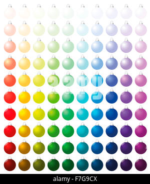 Le palle di Natale, esattamente cento pezzi ordinati come un grafico a colori - da molto luminose intense tonalità scure di tutti i colori. Foto Stock