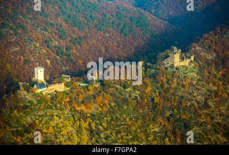Castello Sterrenberg e Castello di destra Liebenstein, Valle del Reno, foglie di autunno, riva destra, Bad Salzig, Taunus, Valle del Reno, Foto Stock