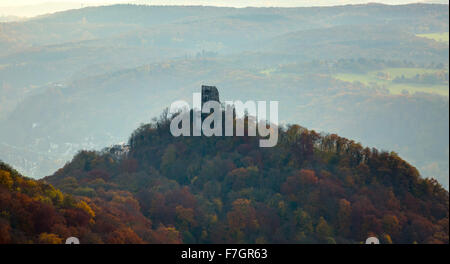 Drachenfels rovine del castello, prima che il panorama sul Reno, Valle del Reno, sul Reno e colorati di caduta delle foglie, autunno foresta, Koenigswinter, Foto Stock