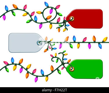 Prezzo vacanza tag gruppo icona elemento grafico isolato su uno sfondo bianco legato sulla corda con elettrico luci di Natale come festa etichetta sconto simbolo. Foto Stock