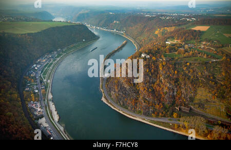 La Loreley, Lorelei rock, rock di scisto nel Patrimonio Mondiale UNESCO Valle del Reno superiore e centrale in Sankt Goarshausen Sankt Goar, Foto Stock