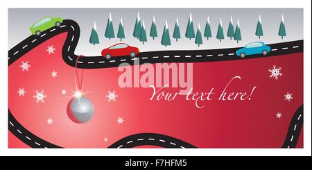Scheda di Natale con il trasporto su strada e di automobili Illustrazione Vettoriale