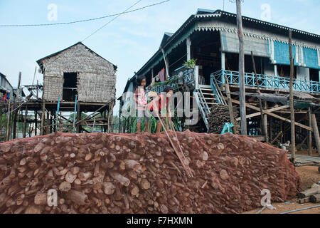 Le ragazze la cattura di libellule nel villaggio galleggiante di Kampong Phluk vicino a Siem Reap, Cambogia Foto Stock