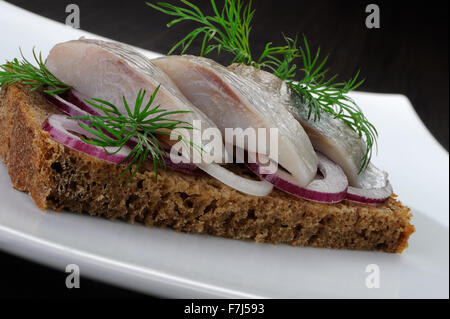 Aringa a fette sul pane di segale con cipolle Foto Stock