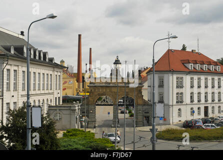 Pilsner Urquell Brewery cancello di ingresso, Plzen, Repubblica Ceca Foto Stock