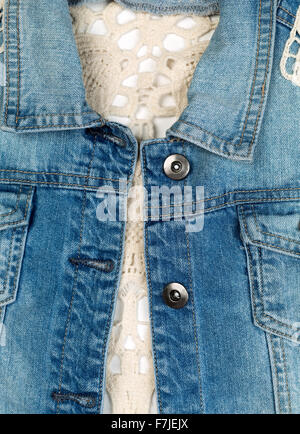 Close-up di blu denim giacca con laccio Foto Stock