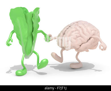 La lattuga e il cervello con le braccia e le gambe che camminando mano nella mano, 3d illustrazione Foto Stock