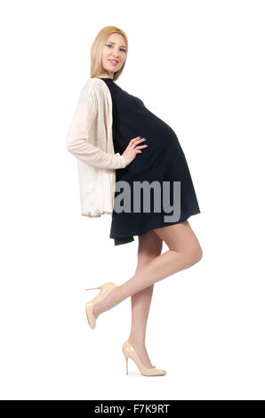 Bella donna incinta in mini abito nero isolato su bianco Foto Stock