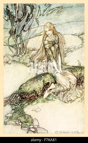 "Egli poteva vedere Undine sotto la volta di Cristallo' da 'Undine' illustrato da Arthur Rackham (1867-1939). Udine è una popolare tedesco la fiaba di Friedrich de la Motte Fouqué (1777-1843), si tratta di un'acqua dello spirito che si sposa con un cavaliere di nome Huldebrand al fine di ottenere un'anima. Vedere la descrizione per maggiori informazioni. Foto Stock