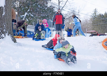 I bambini con i genitori Sleigh Ride in neve fresca nei pressi di Lexington, MA., New England, STATI UNITI D'AMERICA Foto Stock