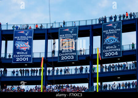 Super Bowl Champion banner a Gillette Stadium di New England Patriots vs. Dallas Cowboys, 16 ottobre 2011, Foxborough, Boston, MA Foto Stock
