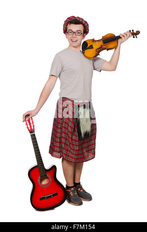 Funny scozzese con lo strumento musicale isolato su bianco Foto Stock
