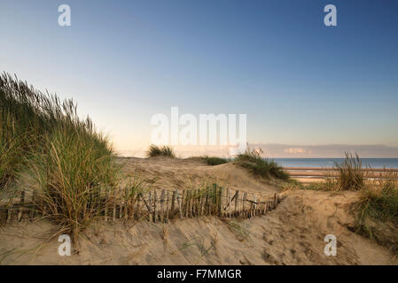 Sunrise oltre le dune di sabbia sul sistema giallo sabbia spiaggia dorata Foto Stock