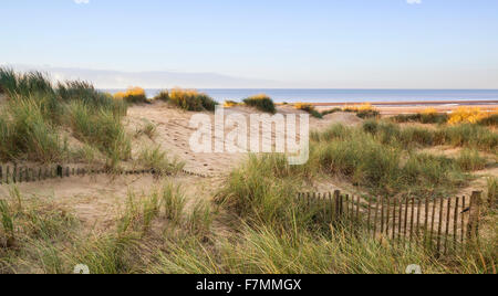 Sunrise oltre le dune di sabbia sul sistema giallo sabbia spiaggia dorata Foto Stock