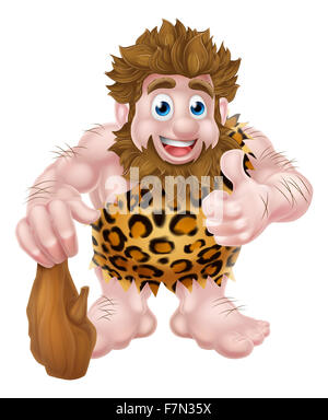 Un cartoon carino caveman in una pelle animale dando un pollice in alto e tenendo un club. Foto Stock