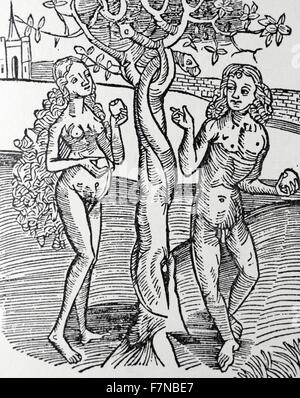 Adamo ed Eva tentati dal serpente nel giardino di Eden. Dal 1504 edizione di 'Methodus Primum Olimpiade" Foto Stock