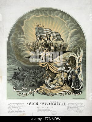 La guerra civile americana allegoria: Trionfo da Morris Traubel, 1820-1897.pubblicato c1861: una grande e complessa allegoria predire il trionfo dell'Unione oltre le forze oscure della Confederazione e il re di cotone. Una chiave pubblica che accompagna la stampa descrive la secessione del Sud pesantemente in termini moralistici, come il funzionamento di una insidiosa Hydra di umana discordia, spawner di tradimento e ribellione Foto Stock