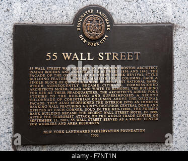 Placca a 55 Wall Street, Manhattan, New York, New York, Stati Uniti d'America Foto Stock