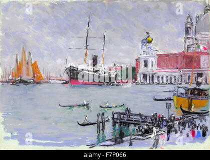 Escursione pier da Joseph Pennell, 1857-1926, artista. Data 1901 - 1908. disegno su blu-grigio carta pastello in: Italia, Venezia. Come descritto in Wuerth, 'giorno grigio sul Canal, escursione pier in primo piano, barche a vela e ampio sistema di cottura a vapore sul lato opposto, Customs House e parte di saluto a destra. Colori, grigio, verde, nero, rosa, marrone, rosso, giallo, rosa e bianco su grigio bluastro carta ". Foto Stock