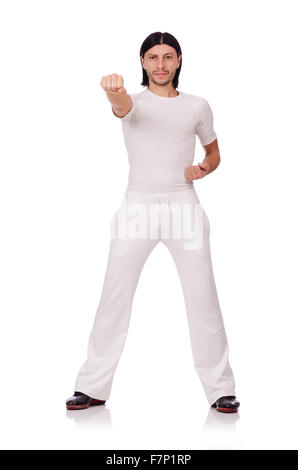 Un uomo in bianco sportswear isolato su bianco Foto Stock