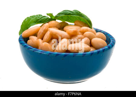 Conserve di bean con foglia di basilico Foto Stock