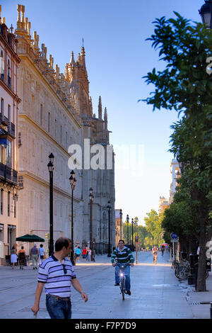 Avenida de la Constitucion,sullo sfondo la cattedrale,Sevilla,Andalucia,Spagna Foto Stock