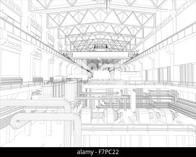 Gantry Crane in un ambiente di fabbrica. Filo-telaio Illustrazione Vettoriale