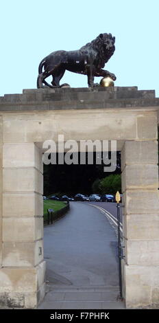 Leone di pietra a guardia del gateway ad Alexandra Park a Bath, Inghilterra. Il parco è stato inaugurato nel 1902 per commemorare l' incoronazione di Edoardo VII, e chiamato in onore della regina Alexandra Foto Stock