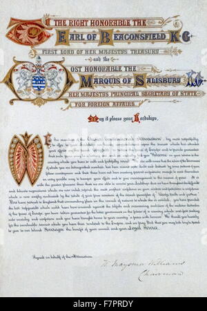 Messaggio di congratulazioni nel manoscritto modulo inviato a Benjamin Disraeli e signore di Salisbury, dopo il congresso di Berlino (13 giugno - 13 luglio 1878). Il Congresso è stato un incontro dei rappresentanti delle grandi potenze del tempo (Russia, Gran Bretagna, Francia, Austria-Ungheria, Italia e Germania),[1] Quattro Stati balcanici (Grecia, Serbia, Romania e Montenegro) e l'Impero Ottomano, mirando a determinare i territori degli stati della penisola balcanica dopo la guerra Russo-Turkish del 1877-78. Foto Stock