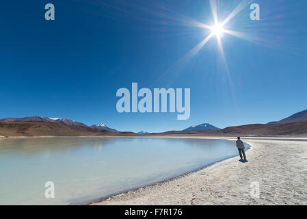 Passeggiate turistiche accanto a 'Laguna canapa", un lago salato sulla strada per il famoso sale di Uyuni piatto, tra i più importanti viaggio d Foto Stock