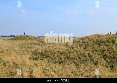 Cursus tumuli in Stonehenge il paesaggio, Wiltshire. Il paesaggio è costellato di monumenti antichi. Foto Stock