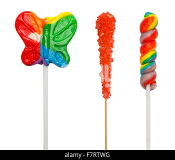 Tre differenti Lollipop ventose isolati su sfondo bianco. Foto Stock