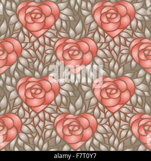 A forma di cuore rosa e foglie dorate. Vector seamless pattern. Per lo sfondo, web, involucro di carta, carta da parati Illustrazione Vettoriale