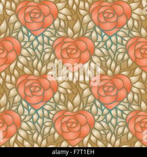 A forma di cuore rosa e foglie dorate. Vector seamless pattern. Per lo sfondo, web, involucro di carta, carta da parati Illustrazione Vettoriale