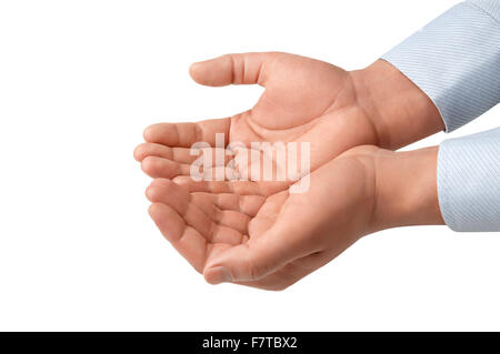 Aprire una mano d'uomo, palm fino isolato su sfondo bianco Foto Stock