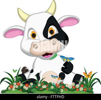 Simpatico cartoon vacca sul giardino fiorito Illustrazione Vettoriale