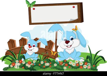Carino coppia cartoon di coniglio con blank board in Flower Garden Illustrazione Vettoriale