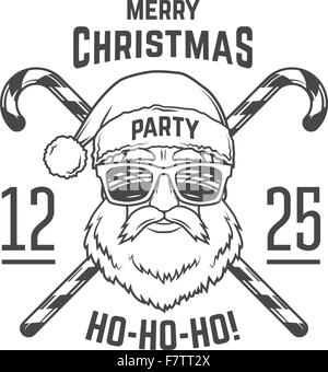Babbo Natale con hipster bicchieri e coni candy print design. Discoteca Vintage insegne. Natale uomo vecchio ritratto. Rock and Roll logo. Anno nuovo t-shirt illustrazione. Illustrazione Vettoriale