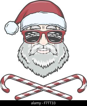 Santa Claus biker con la caramella coni e hipster bicchieri print design. Discoteca Vintage uomo logo Natale insegna. Rock and Roll nuovo anno t-shirt illustrazione Illustrazione Vettoriale