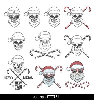 Grande set di Santa Claus teschi con la caramella coni e bicchieri. Anno nuovo logo insegna elementi di design. Vintage heavy metal party natalizi Collezione di badge. Rock and Roll noel t-shirt illustrazione. Illustrazione Vettoriale