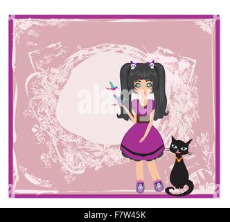 Emo ragazza e il suo gatto. Illustrazione Vettoriale