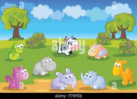 Baby animali cartoon con giardino Illustrazione Vettoriale