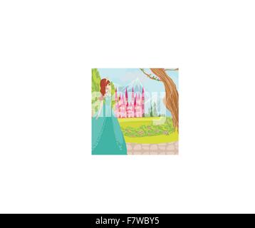 Bella principessa di fronte il suo castello Illustrazione Vettoriale