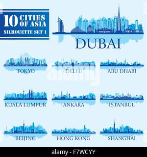 Impostare lo skyline della città silhouette. 10 città dell'Asia 1 Illustrazione Vettoriale