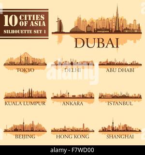 Impostare lo skyline della città silhouette. 10 città dell'Asia 1 Illustrazione Vettoriale