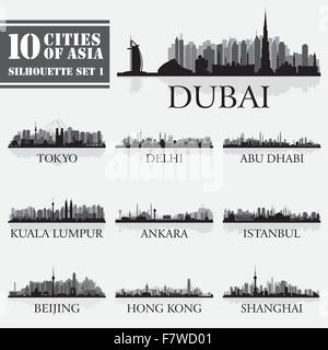 Impostare lo skyline della città silhouette. 10 città dell'Asia 1 Illustrazione Vettoriale